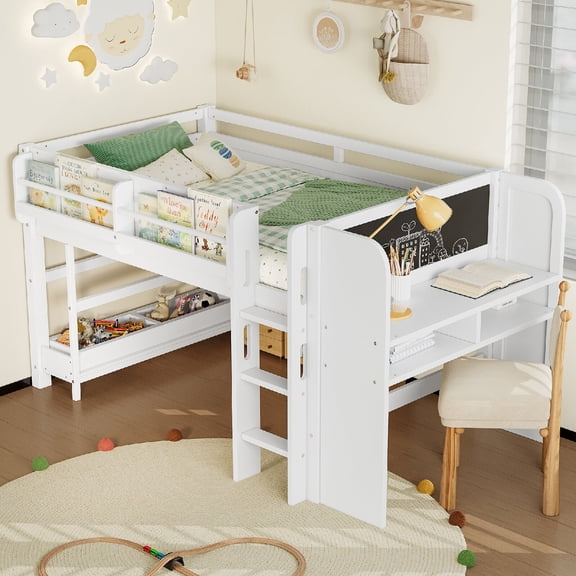 Twin Size Loft Bed Frame with Desk and Blackboard, Solid Wood Low Loft Beds with Multi-storage Bookcases and Boxes for Bedroom, Apartment, No Box Spring Needed, Mattress Not Included, White