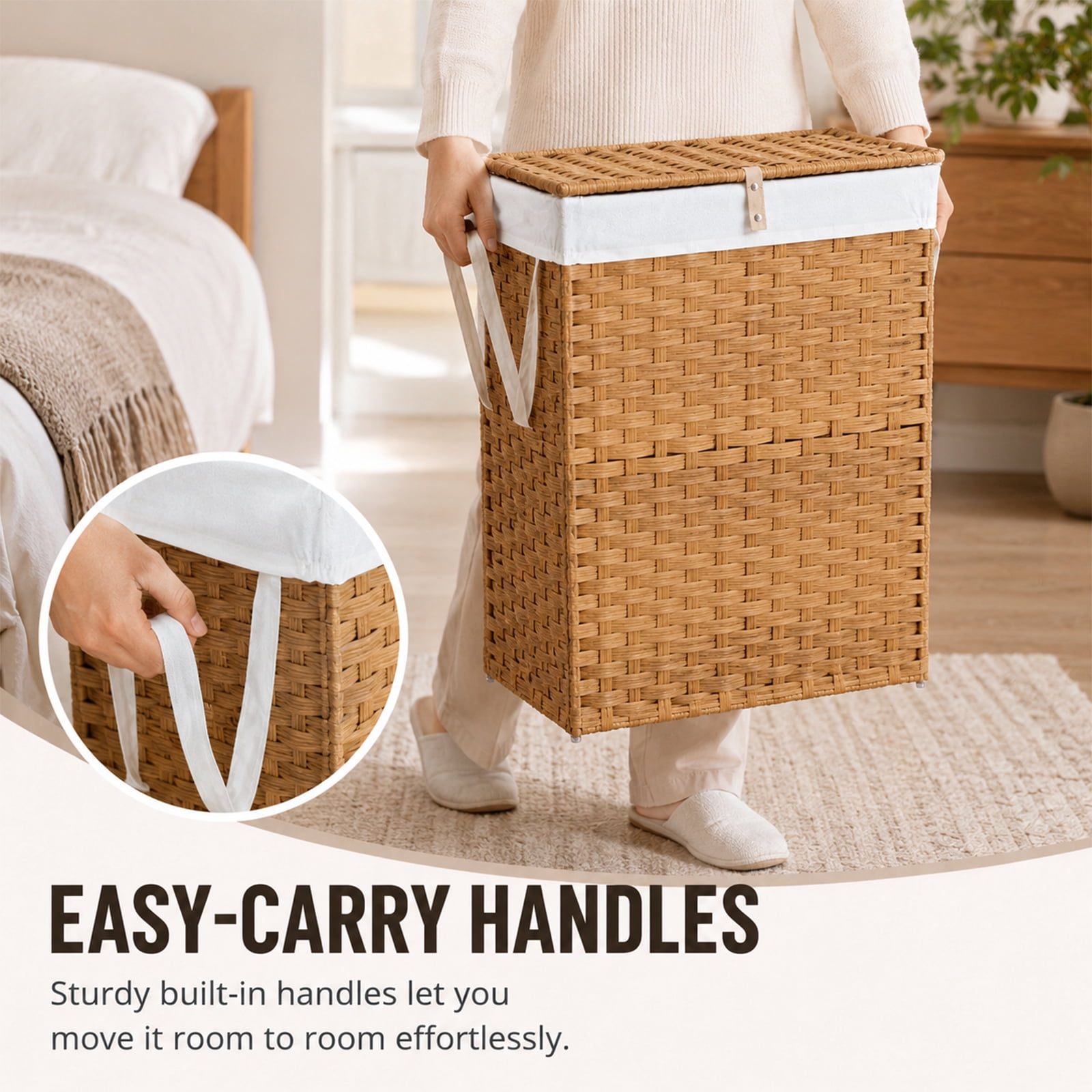 Alvantor 90L/110L Laundry Hamper with Lid, No Install Needed, Synthetic Rattan Clothes Laundry Basket with Lid and Handles, Foldable, Removable Liner, with Handles