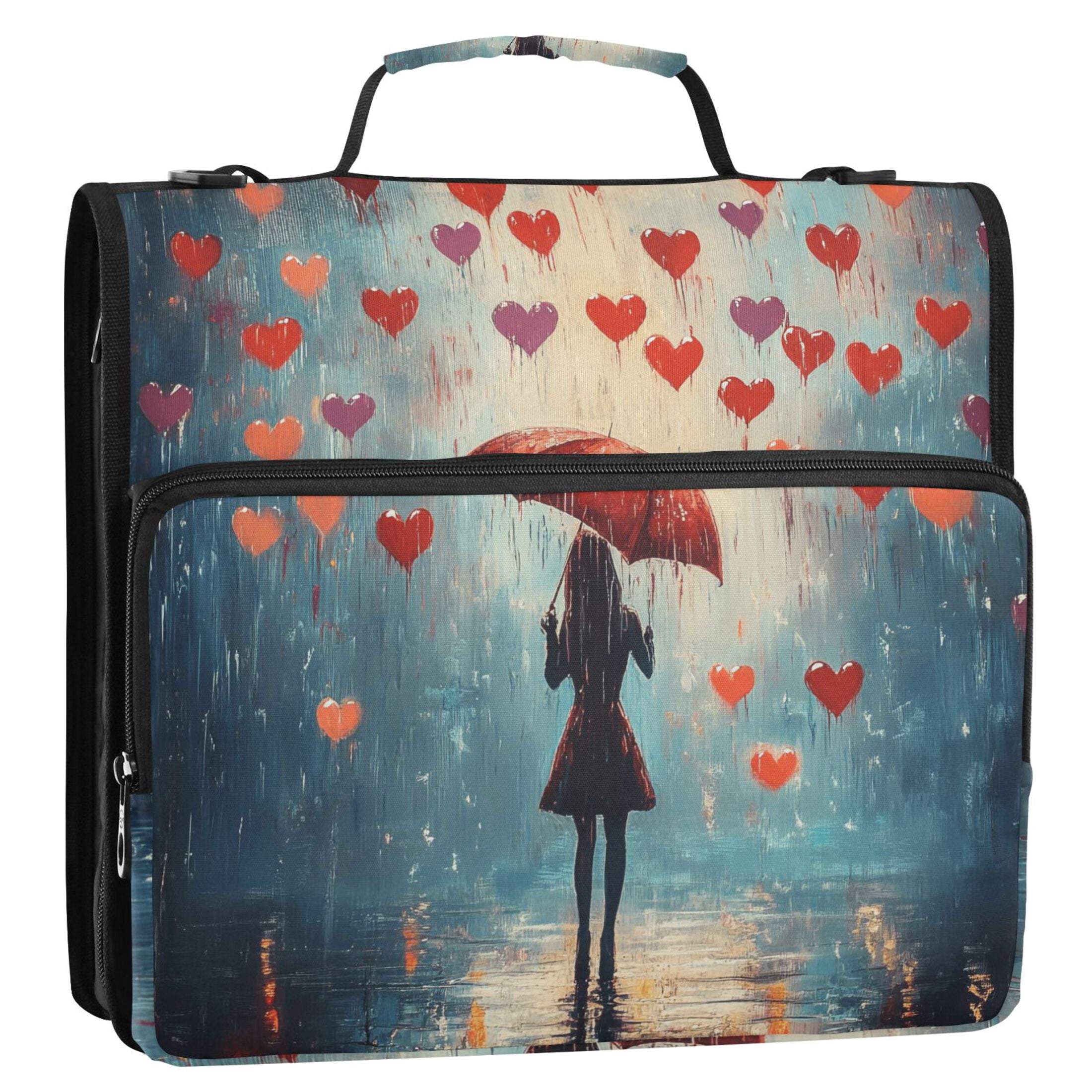 3 Ring Zipper Binder with Shoulder Strap Waterproof Trapper Keeper 2 Inch D-Ring 500 Sheets Capacity Raining Love Hearts