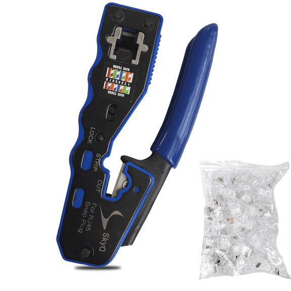 RJ45 Crimp Tool Pass Through Crimper for Cat6 and Cat5  8P8C Modular Connector Ethernet All-in-One Crimp Tool with 20 RJ45 Cat6 Connector Plugs