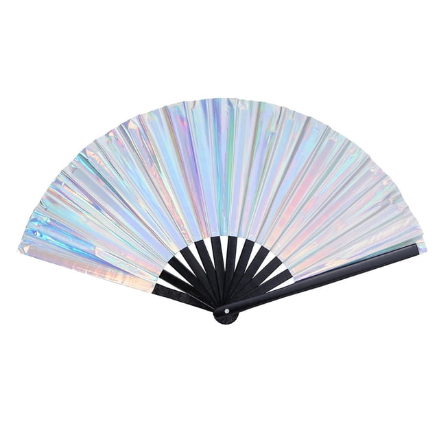 Abanico de mano Rave láser plateado, ventilador Rave de mano plegable grande,