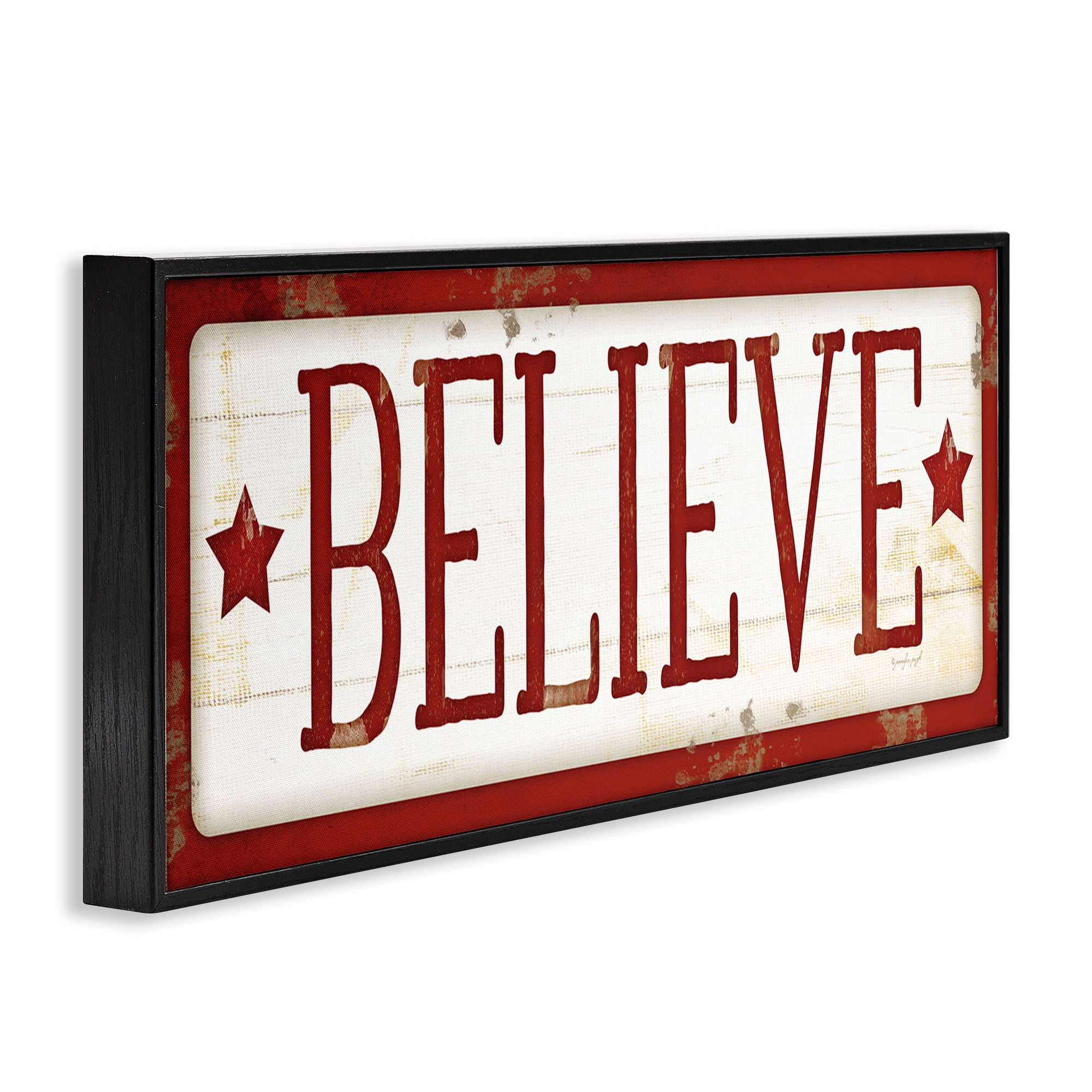 Stupell Industries Believe Red Christmas Phrase Holiday Painting Black Framed Art Print Wall Art, 24 x 10