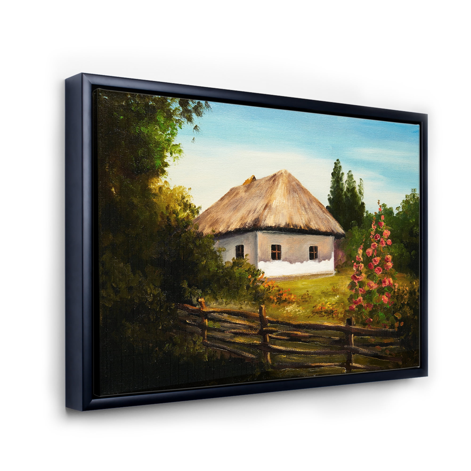 House With Blossoming Flowers On The Mountain II 32 in x 16 in Framed Painting Canvas Art Print, by Designart