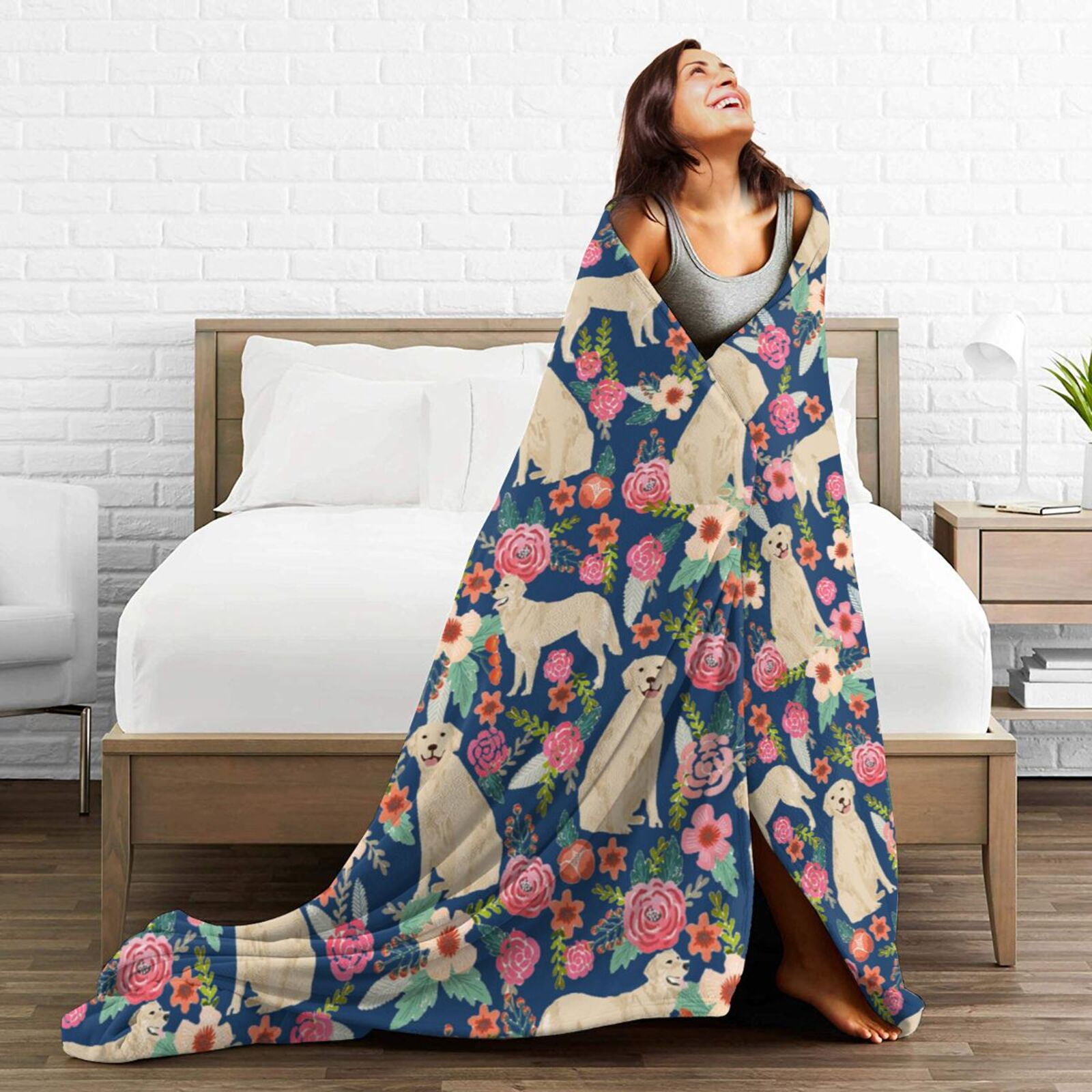 Wijzvio Boxer Dogs Rose Flower Floral Throw Blanket Soft Fuzzy Fleece Blanket For Couch Bed Living Room Decoration 60"X50"