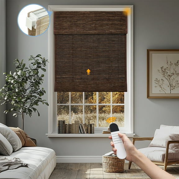 Keego No Drill Motorized Roman Shades Blackout Natural Fabric Rechargeable Electric Window Blinds Remote Control Room Darkening Window Treatment - Coffee (Block 60%-90% Light) - 48"W x 56"H
