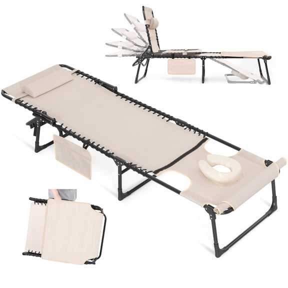 Nuu Garden Folding Textilene Chaise Lounge Chair, Adjustable 5-Position Portable Tanning Chair with Face Hole Camping Reclining Lounge Chair with Pillow, khaki