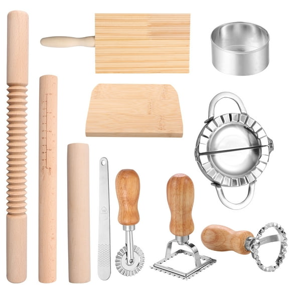 11Pcs Pasta Making Tools Kit Efficient Pasta Making Set with Wooden Threaded Rolling Pin Gnocchi Board Dough Cutter Dumpling Maker Multi Purpose Ravioli Pasta Maker Set for Kitchen