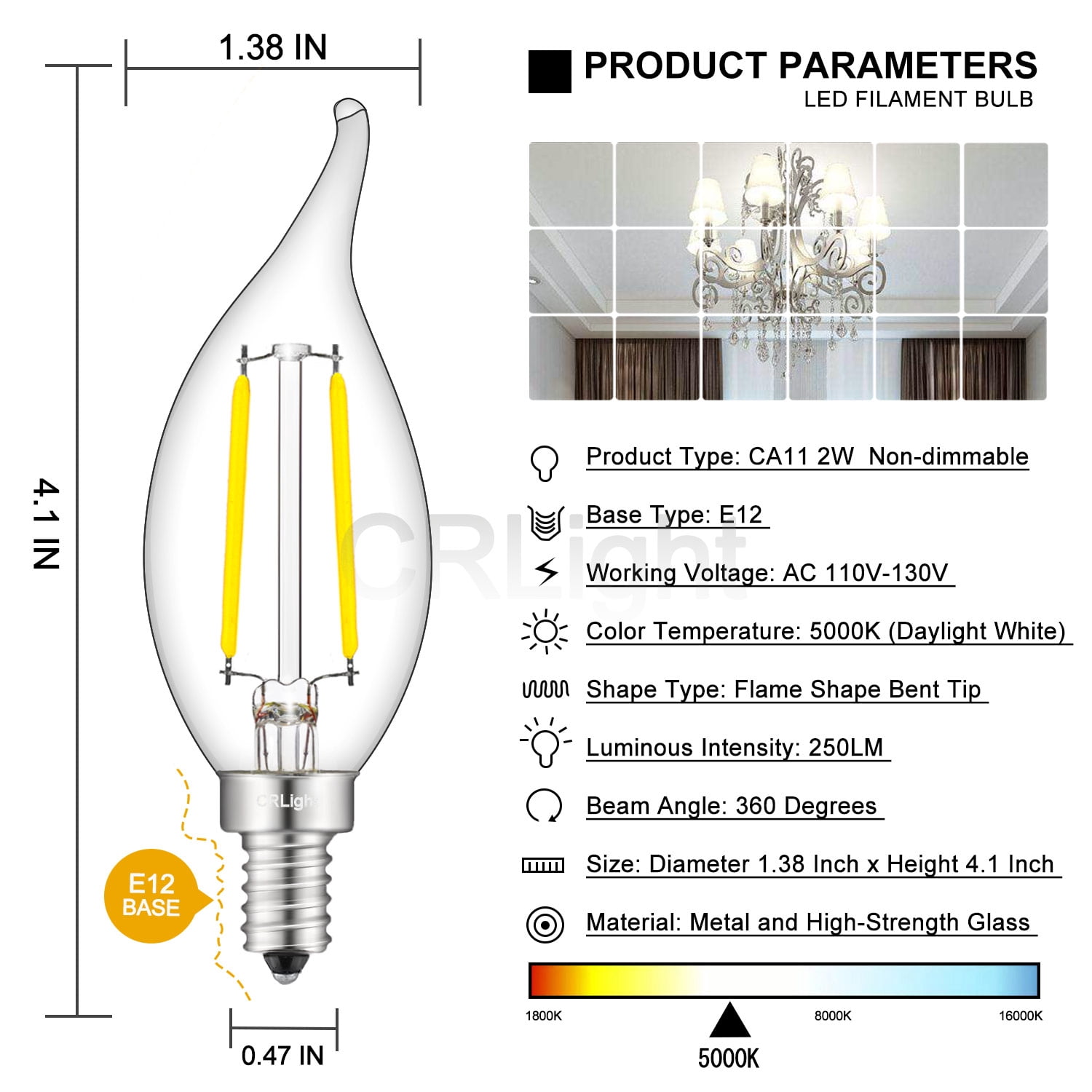 CRLight LED Candelabra Bulb 5000K Daylight White, 25W Equivalent 250LM, 2W LED Chandelier Light Bulbs, E12 Antique Edison CA11 Clear Glass Candle Bulbs, Non-dimmable, 12 Pack