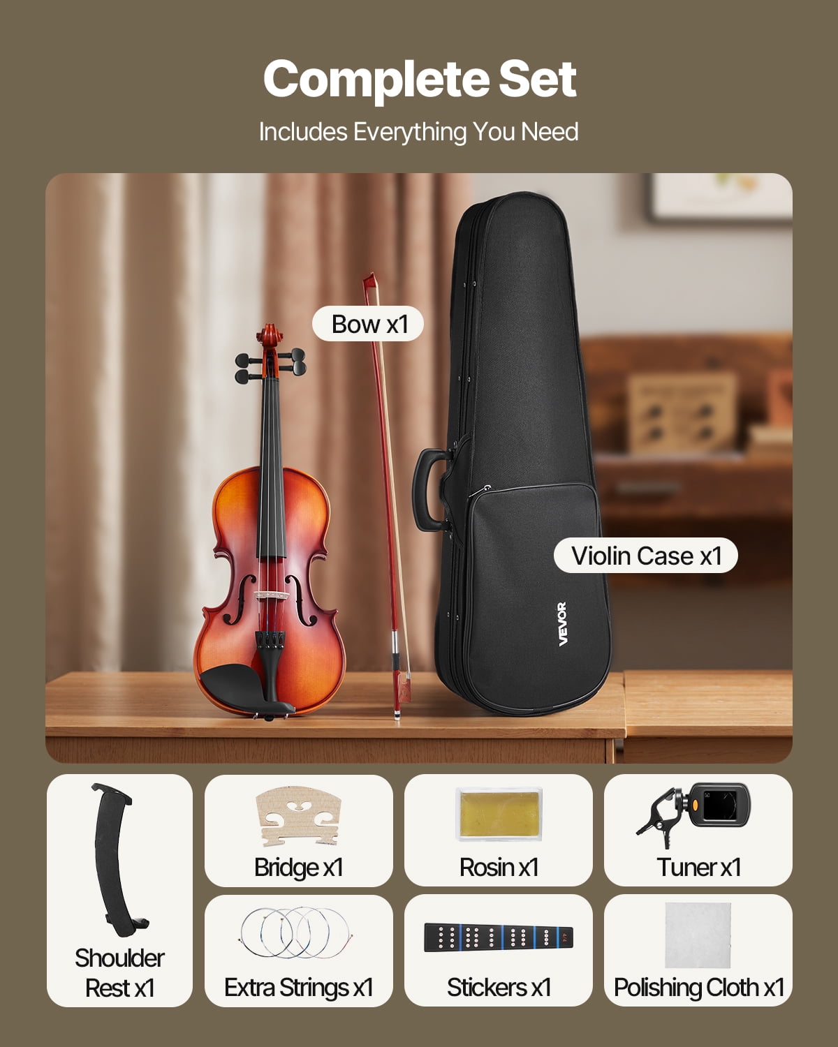 VEVOR Violin 4/4 Full Size for Adults, Violin Fiddle Set for Beginners Student with Hard Case,Rosin, Bow,Shoulder Rest,Bridge,Extra Strings,Professional Solidwood Instrument (Glossy Brown)