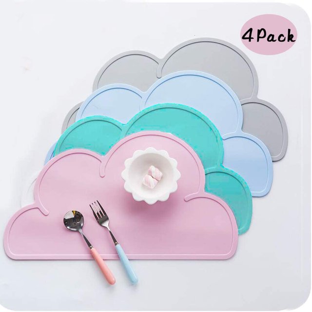 ERQVHQV 4 manteles individuales para niños, forma de nube de silicona de grado alimenticio, bandeja plegable antideslizante para alimentos, vajilla resistente al calor, placa de mantel individual (rosa, azul, verde y gris) oso de fresa Electrónica