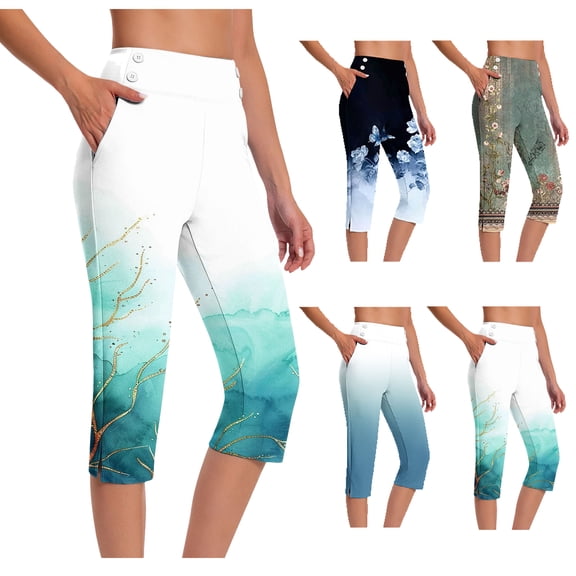 Tqyyweavej Womens Plus Capris Yoga Pants Gradient Tummy Control High Waist Pants Print Solid Color Botton Leggings with Pockets for Women