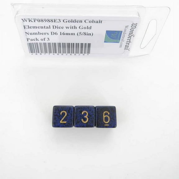 Golden Cobalt Elemental Dice with Gold Numbers D6 16mm (5/8in) Pack of 3 Wondertrail