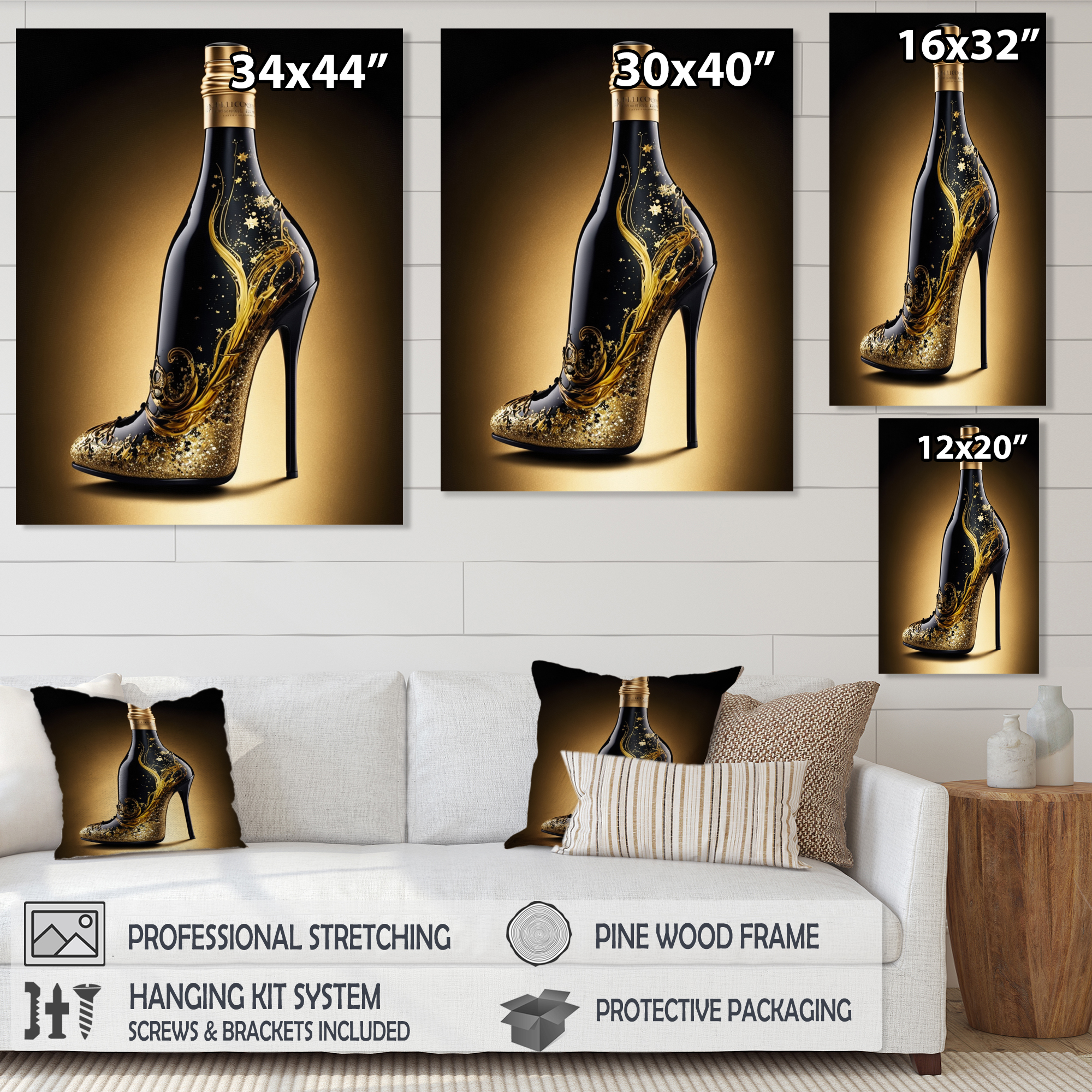 Designart Golden Champagne High Heel I Canvas Wall Art