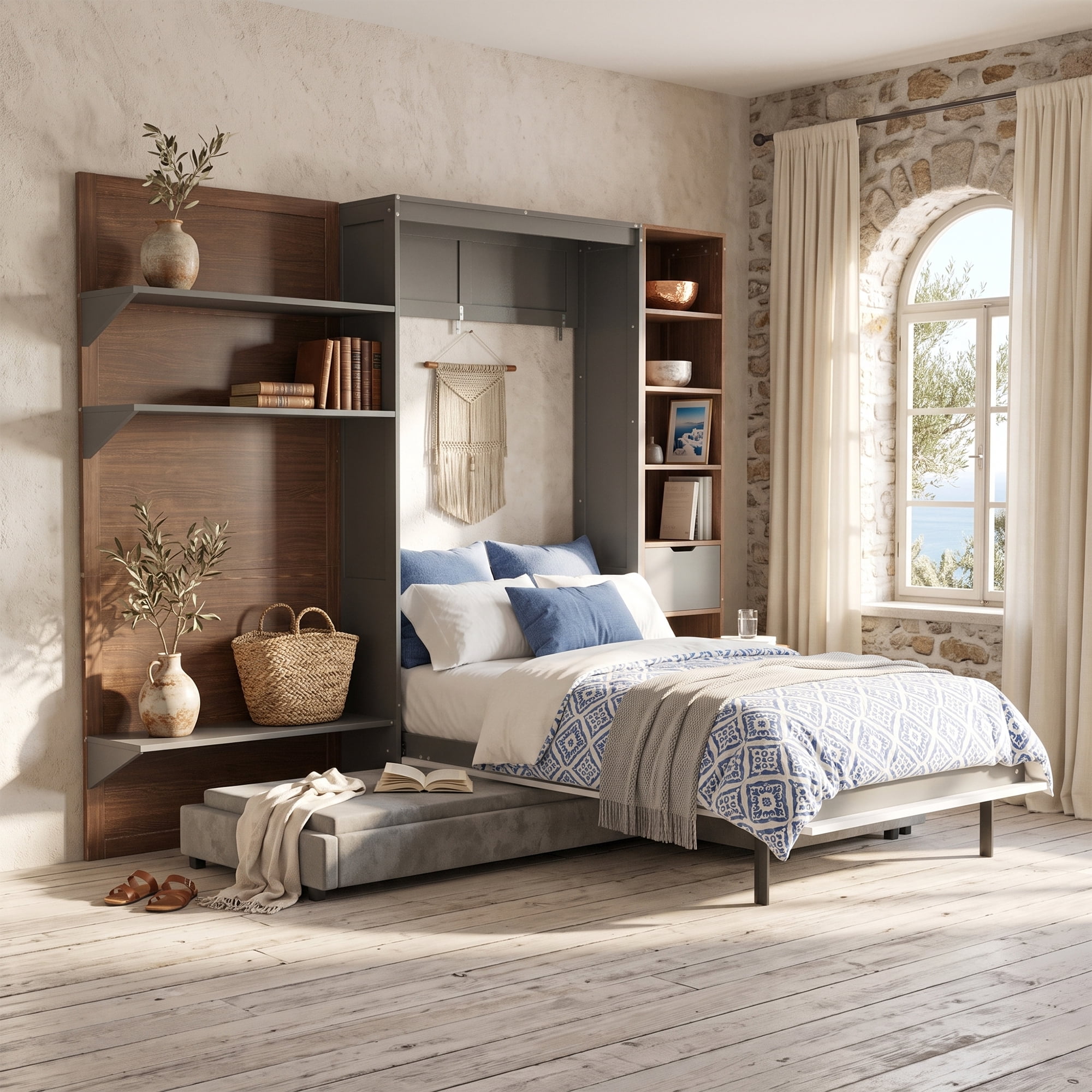 Twin Size Murphy Bed with SOpen Shelf, USB Port, L Shape Sofa, Space-Saving for Small Space, Guest Room