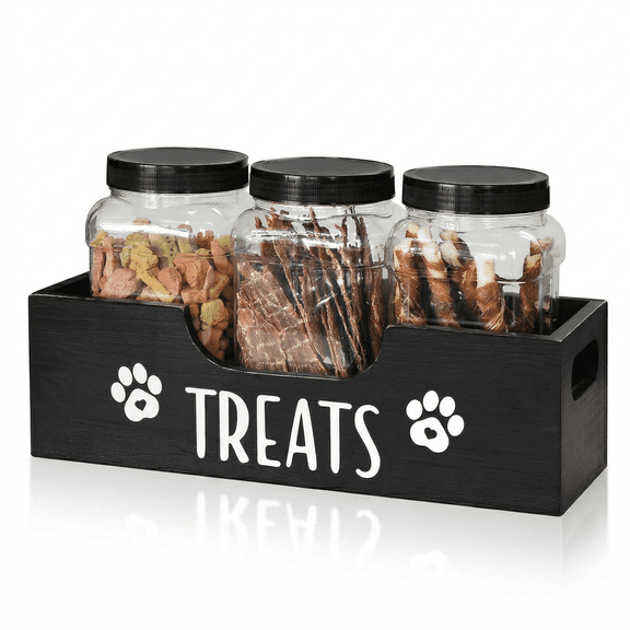YEyangqi Dog Treat Container with 3 Plastic Jars, Wooden Pet Food Storage Organizer with Airtight Lids, Recessed Handle, Farmhouse Kitchen Counter Decor for Dog and Cat Treats, Black
