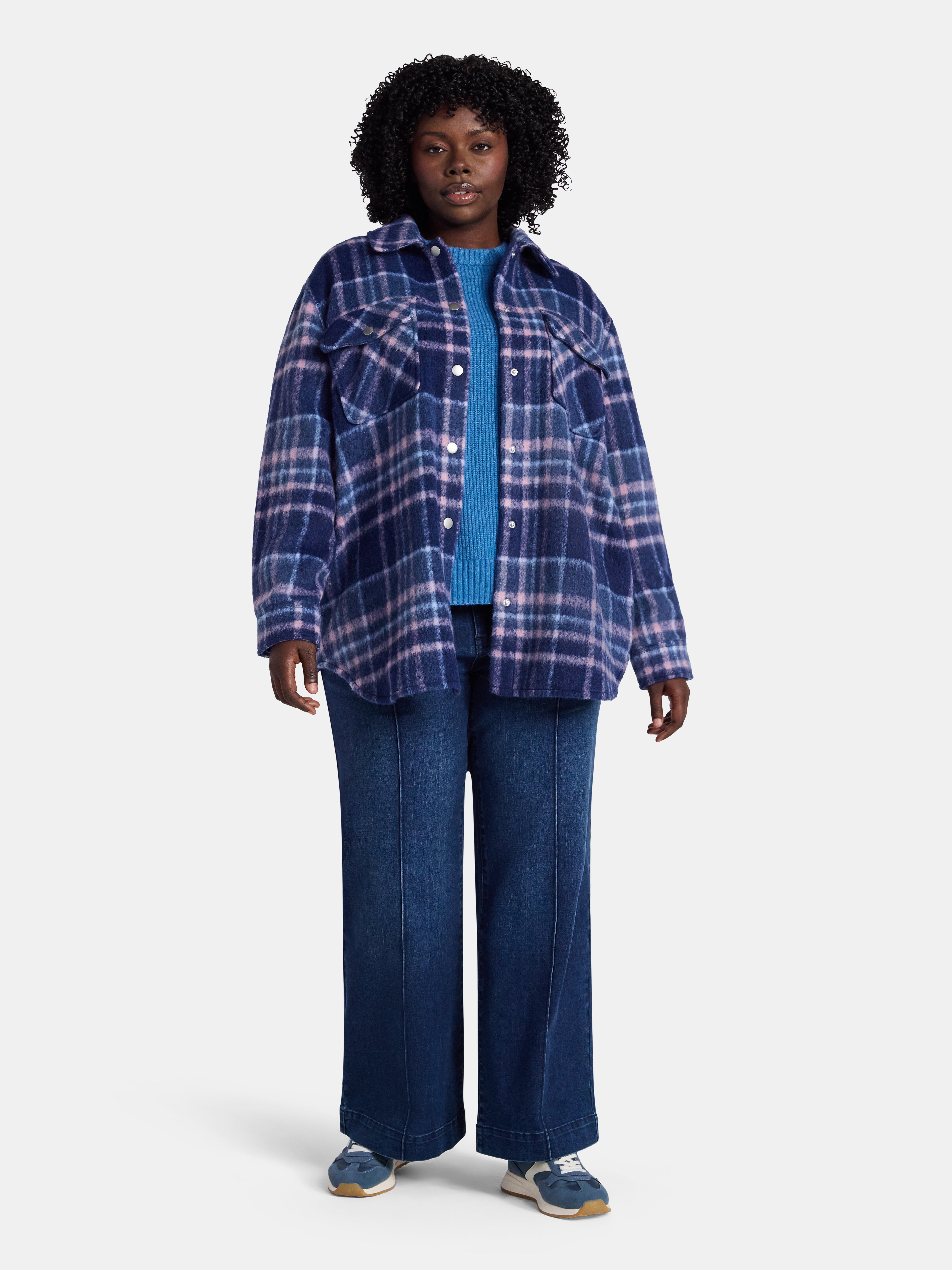 Terra & Sky Women's Plus Longline Brushed Plaid Shacket, Midweight, Sizes 0X-5X