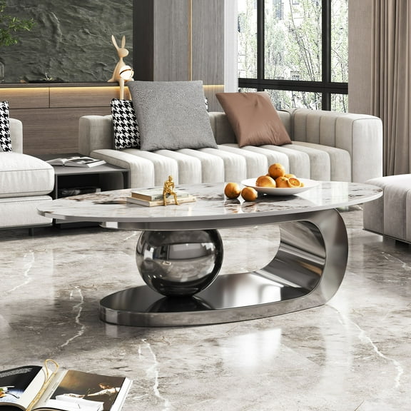 51-Inch Oval Faux Marble Coffee Table with Gold Stainless Steel Base - Stylish Centerpiece for Living Room（Grey)