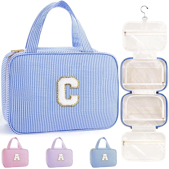 YOOLIFE Hanging Toiletry Bag for Women - Travel Toiletry Bag Makeup Bag, Portable Toiletries Travel Bag and Cosmetic Bag, Airplane Travel Essentials - Letter c, Blue