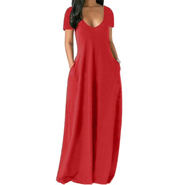 BJYX Robe Maxi Femme Été Décontractée Col en V Robe Longue Unie Mode Poches Manches Courtes Ample Grande Taille