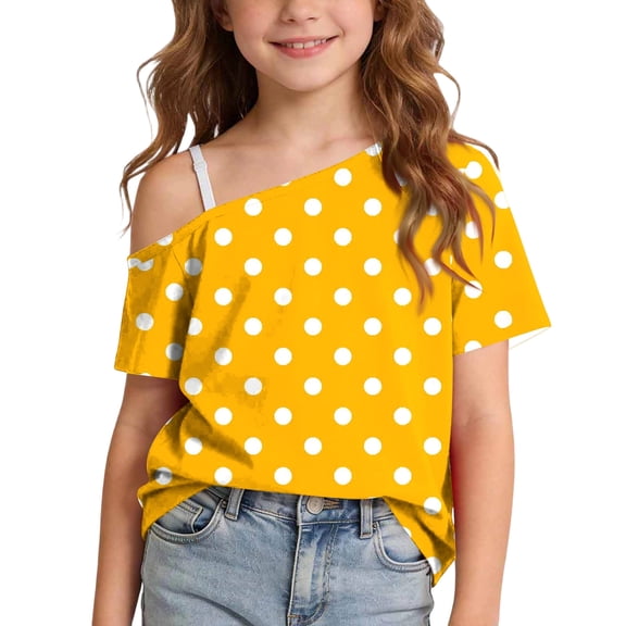 Big Girl’s off Shoulder Short Sleeve Tops, Fashion Polka Dot Casual Tee, Summer Loose Casual T-Shirt Daily Wear 13-14 Years