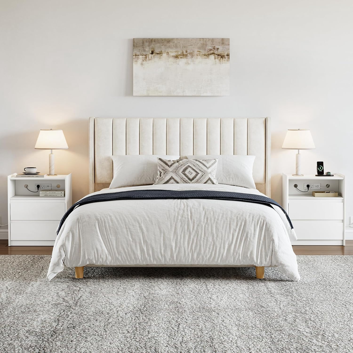 2 Drawers White Nightstand with Charging Station, 24" Tall Bedside Table End Table for Bedroom or Living Room
