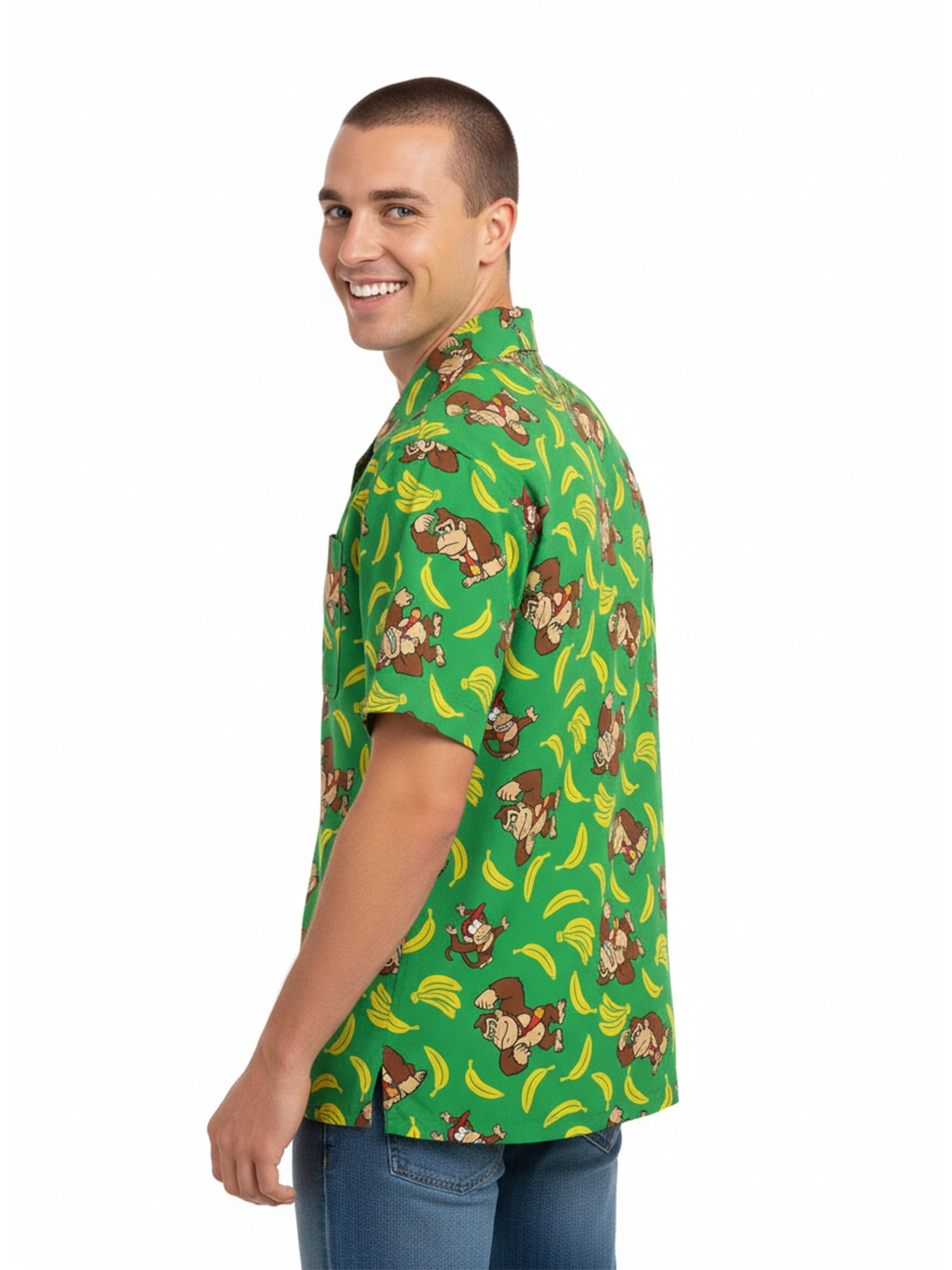Donkey Kong Men’s Short Sleeve Button-Up Camp Shirt, Sizes S–3XL