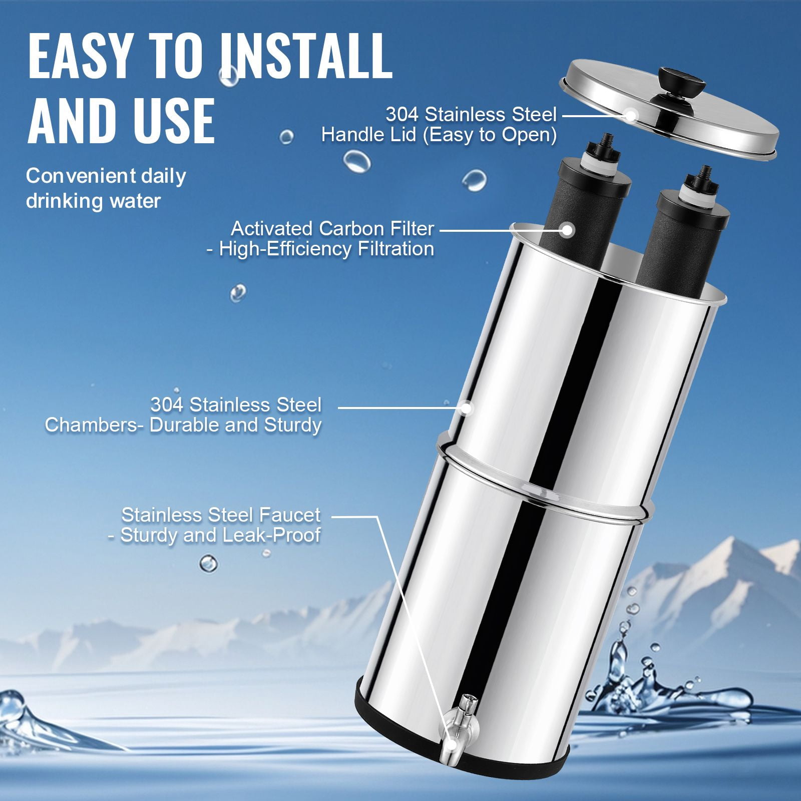 Gravity Fed Water Filter System 2.25 Gal, SUS304 Stainless Steel, Coconut Activated Carbon, 6000 Gallon Capacity, for Camping Off-Grid