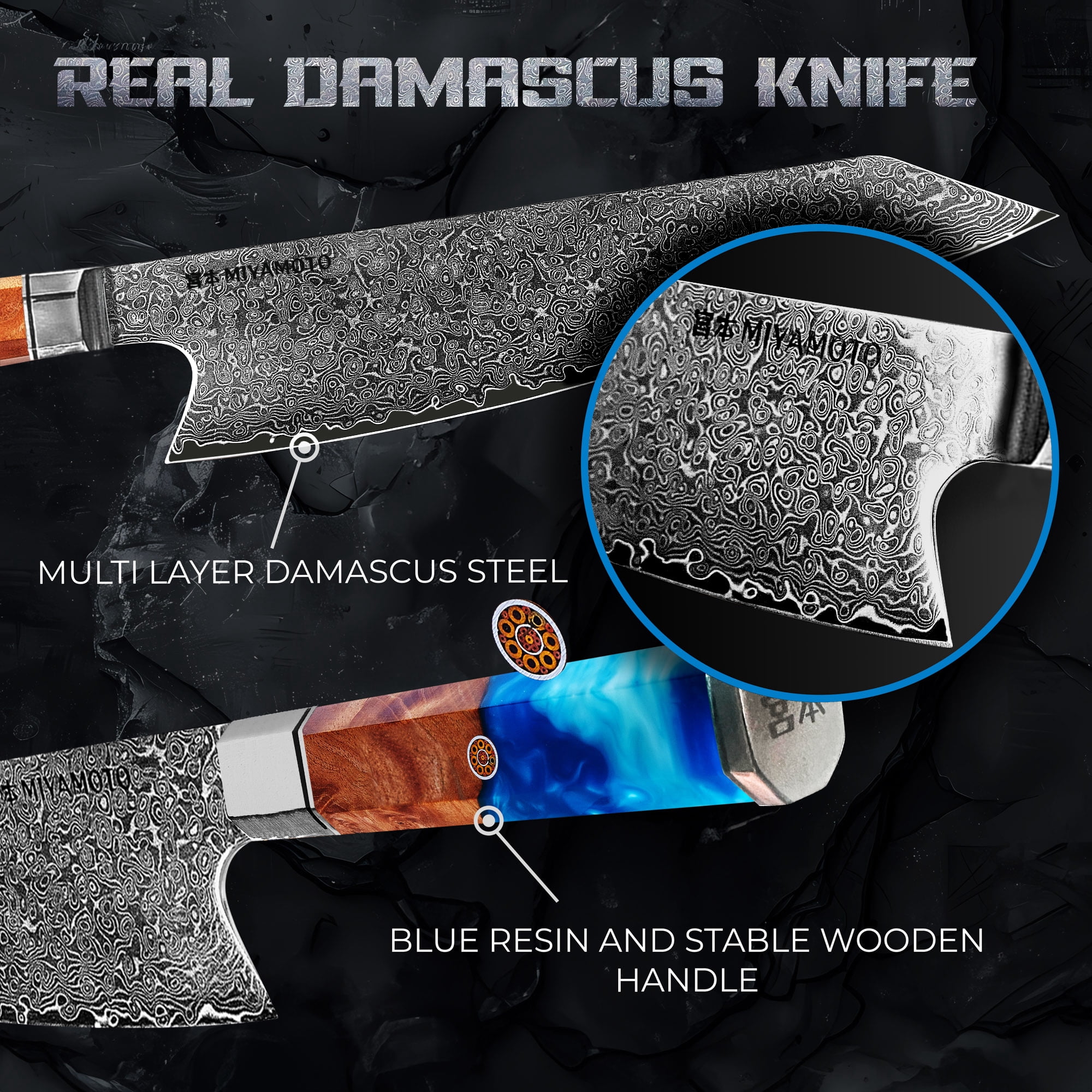 Miyamoto 8-Inch Japanese Damascus Chef Knife, 67-Layer Steel, Ultra-Sharp High Carbon Blade with Resin Handle for Precision Chopping and Carving