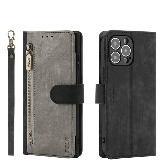 ELEHOLD Luxury Wallet Case for iPhone 14 Pro Max 6.7 inch, PU Leather RFID Blocking Card Slots Zipper Pocket Magnetic Closure Kickstand Lanyard Shockproof Protective Case,Black