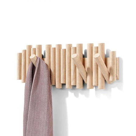 Wall-mounted coat hook with 5 hooks, in natural wood, 37.1 x 16.5 x 4.4 cm