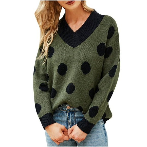 Pompotops Women's V-neck Knitted Polka Dot Pullover Fashion Knitted Sweater Top Blouse