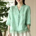thumbnail image 3 of Nfurl Women's Linen Tops Elegant Embroidered Print Button Down Linen Shirts Casual 3/4 Sleeve Summer Tops Green XXXL, 3 of 4