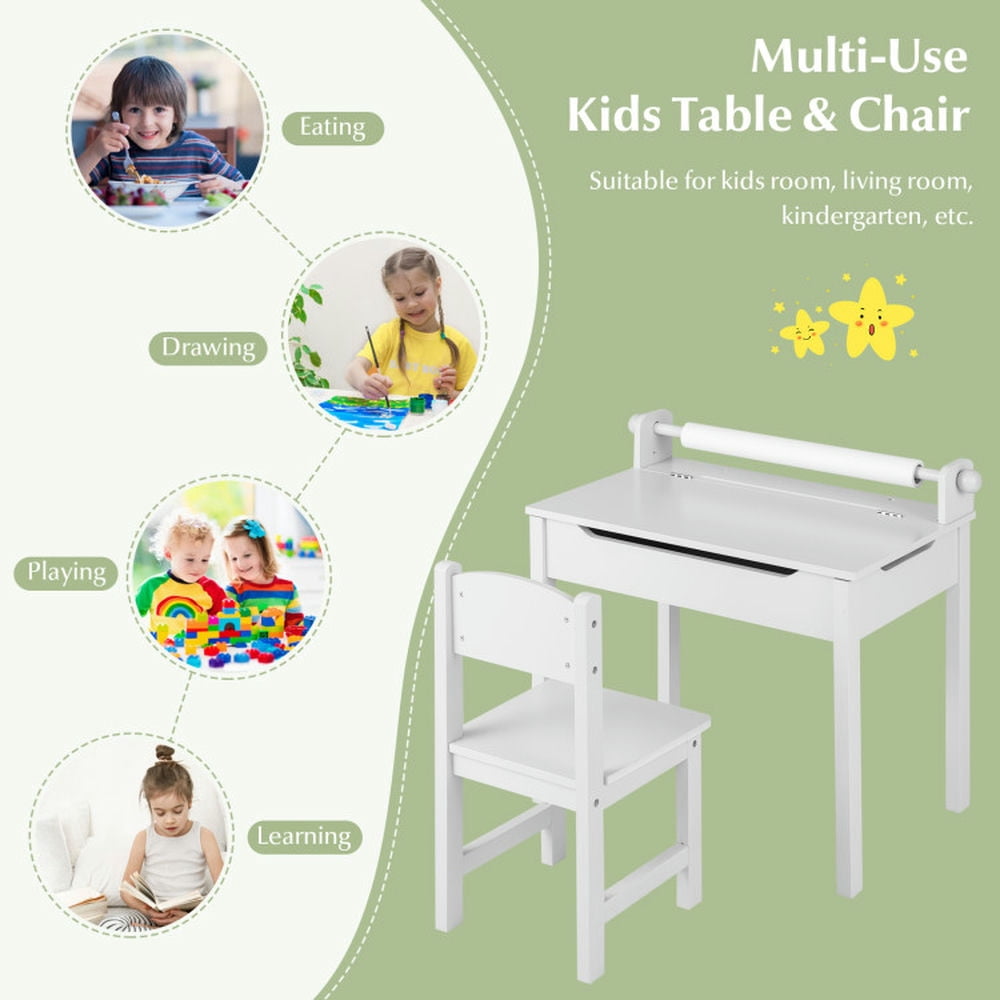 Resenkos Wooden Kids Table and Chair Set with Storage and Paper Roll Holder-White, Small Folding Table for Arts & Crafts, Snack Time, Homeschooling, Homework