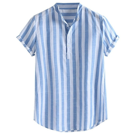 TSADFHJI Mens Dress Shirts Long Sleeve 17 1/2 34/35 Winter Mens Striped Cotton Linen Henry Colla Loose Short Sleeve Casual Buttons Shirt Xxxl Blue