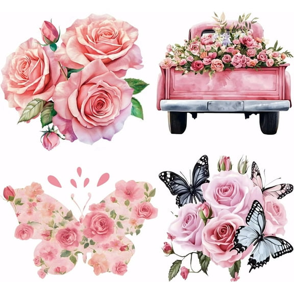 4PCS Pink Roses Heat Transfer Butterfly Flowers Iron-On Transfers Plastic Stickers Set Clothing Iron on Decals for T-Shirt Canvas Bags Jackets Crafts Pink DIY