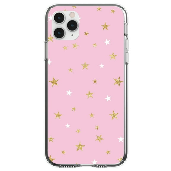 DistinctInk Clear Shockproof Hybrid Case for iPhone 12 Pro MAX (6.7" Screen) - TPU Bumper, Acrylic Back, Tempered Glass Screen Protector - Pink & Gold Print - Stars Pattern