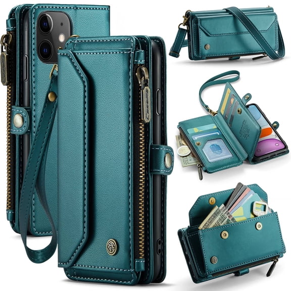 Crossbody for iPhone 11 Case Wallet【RFID Blocking】with 7-Card Holder Zipper Bills Slot, Soft PU Leather Magnetic Shoulder Wrist Strap for iPhone 11 Wallet Case Women