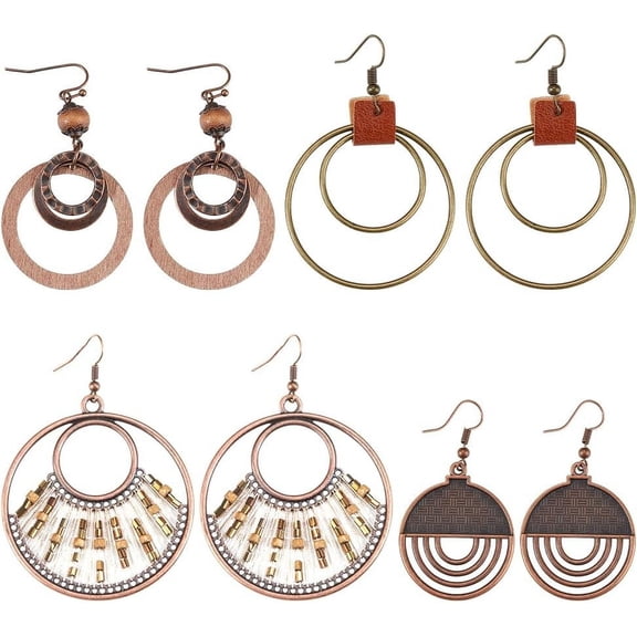 4 Pairs Boho Earrings for Women Dangling Wood Round Earrings Vintage Geometric Earrings for Women Retro Dangle Earrings Jewelry Gift for Valentines Day Birthday
