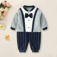 thumbnail image 2 of WRKEKC Infant Tuxedo Romper Contrast Striped Bow Tie Snap Buttons Thickened Warm Snug Fitting Fall Winter OutFitting for Boys and Girls 0-12 Months, 2 of 7