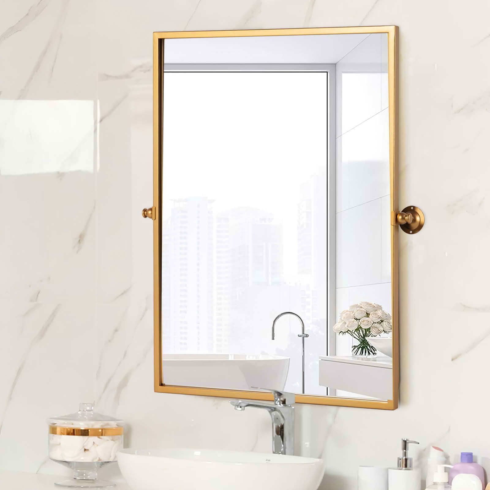 MAYEERTY 38x26x1 Inch Gold Metal Right Angle Rectangular Swivel Wall Mounted Mirror for Bathroom