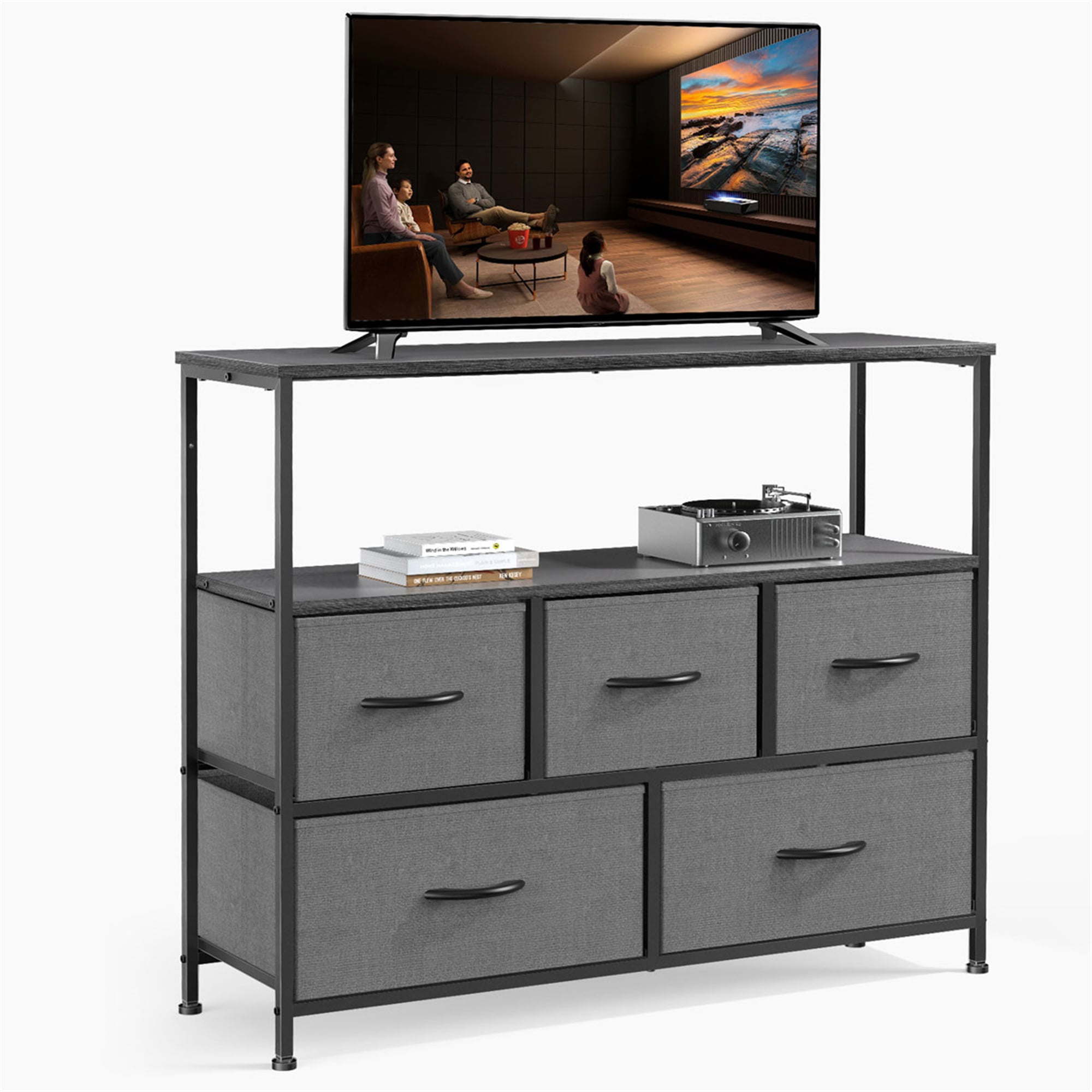 Kadyn Chest of Drawers ,TV Stand for Bedroom with Drawers,Entertainment Center with Open Display Metal Shelf 5 Fabric Storage Dresser ,Gray Kadyn Chest of Drawers ,TV Stand for Bedroom with Drawers,Entertainment Center with Open Display Metal Shelf 5 Fabric Storage Dresser ,Gray