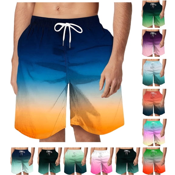 Axiiglly Mens Swim Trunks Quick Dry Summer Casual Beach Shorts Gradient Printed Elastic Waist Drawstring Beach Pants with Pockets S-6XL