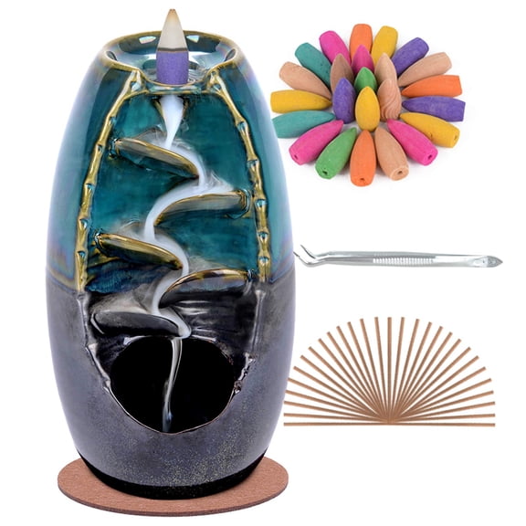 Ceramic Backflow Incense Holder Waterfall Incense Burner, Aromatherapy Ornament Home Decor with 120 Backflow Incense Cones   30 Incense Stick , Blue Set