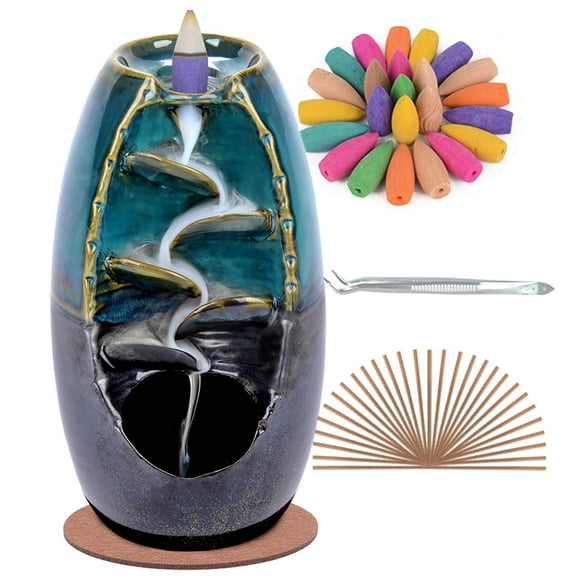 Ceramic Backflow Incense Holder Incense Burner Waterfall, with 120 Backflow Incense Cones + 30 Incense Stick, Aromatherapy Ornament Home Decor, Blue Set