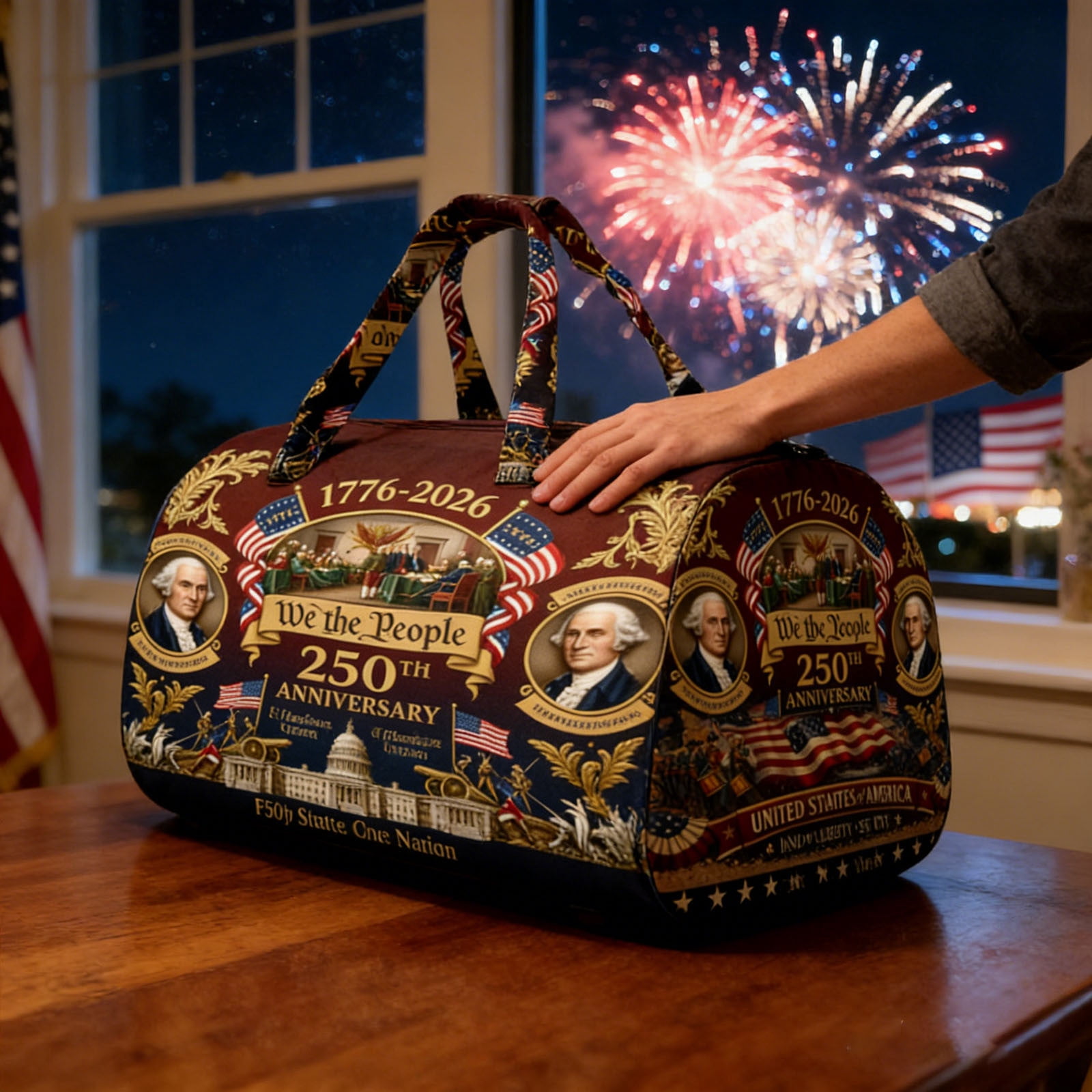 8"x8"x16" America 250th Anniversary “We The People” Heritage Handmade Hippie Van Quilted Duffle Bag, Declaration Of Independence Printed Hippie Van Quilted Duffle Bag, Original Boho Travel Bag