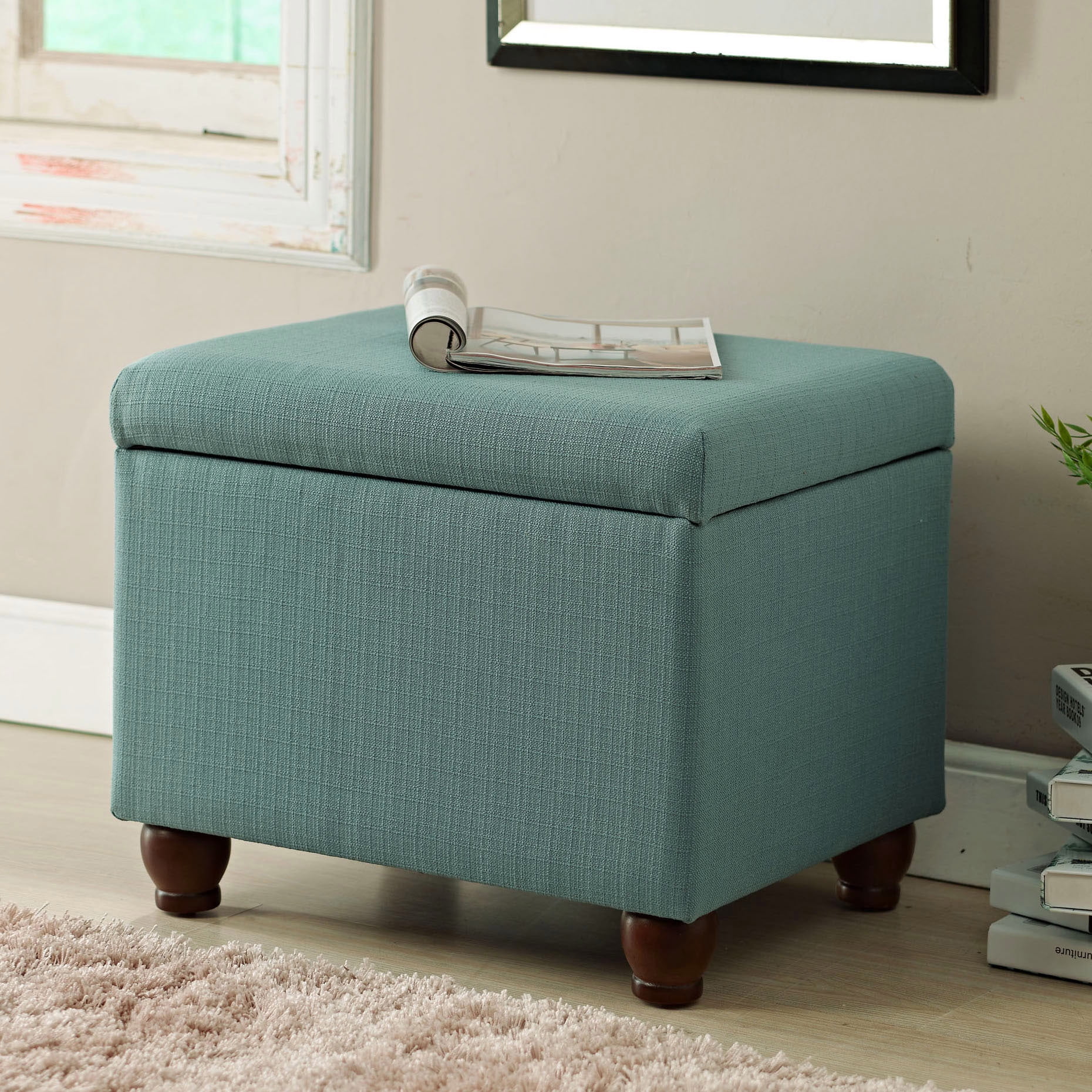 Fabric Upholstered Wooden Storage Bench with Bun Feet, Medium, Aqua Blue and Brown- Saltoro Sherpi
