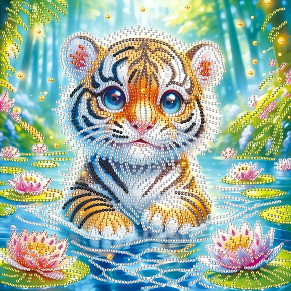 5D DIY diamond art painting kit, special shaped diamond canvas of tiger in water, which can relieve stress and relax and can be used for home wall decoration