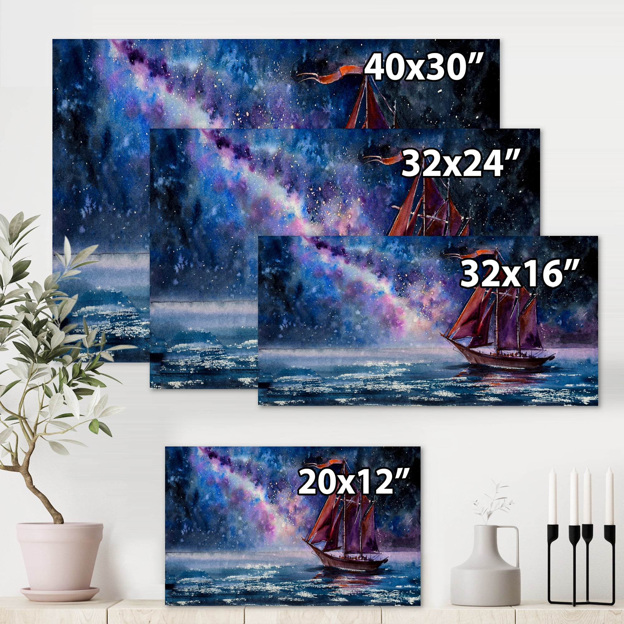 Designart ' Red Sails & Bright Night Sky With Wooden Sailboat ' Nautical & Coastal Canvas Wall Art Print