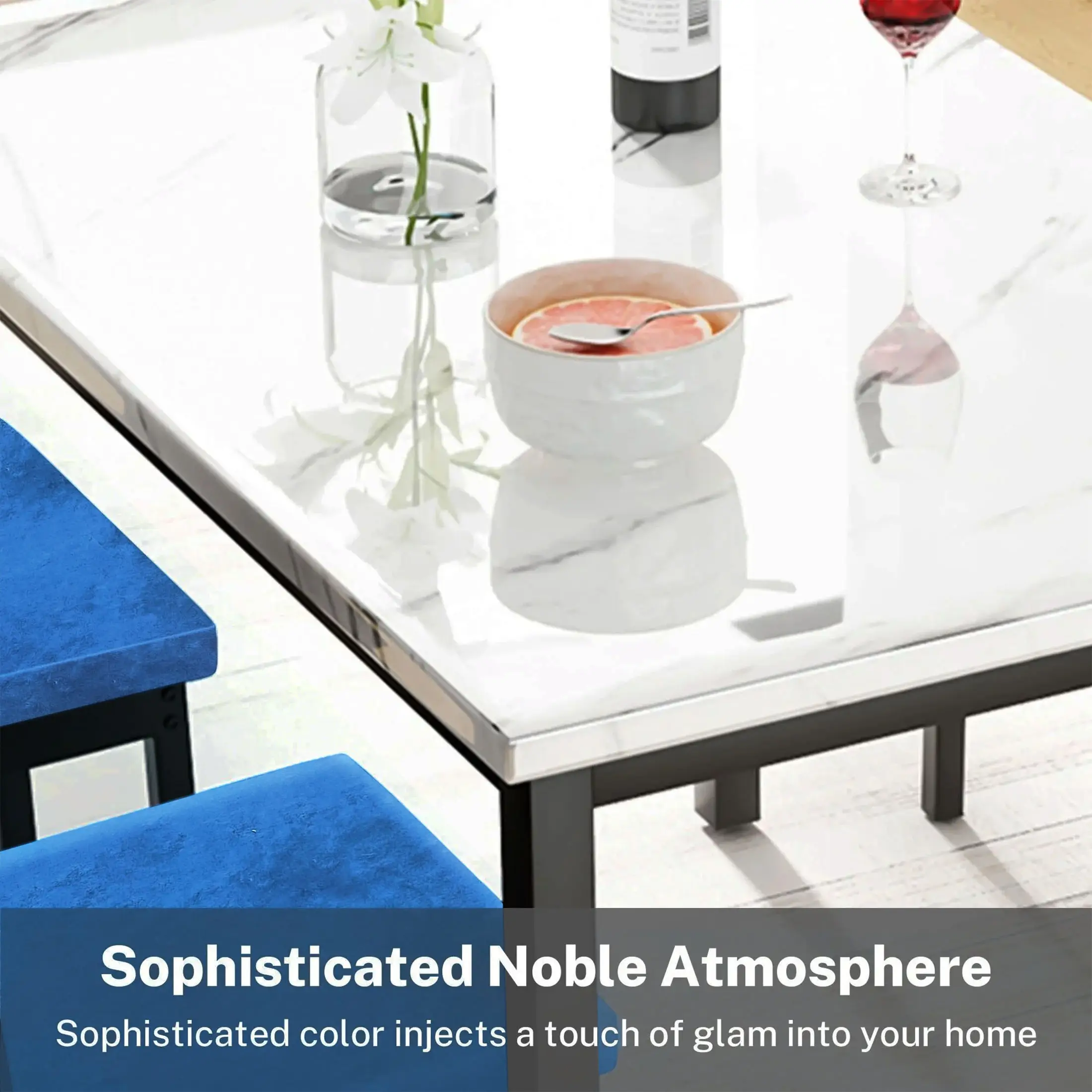 Dining Table Set for 4, Modern Marble Dine Table with 4 Velvet Chairs, Modern Kitchen Table Set for Home, Breakfast Nook, Cafeteria Dining Room, Blue