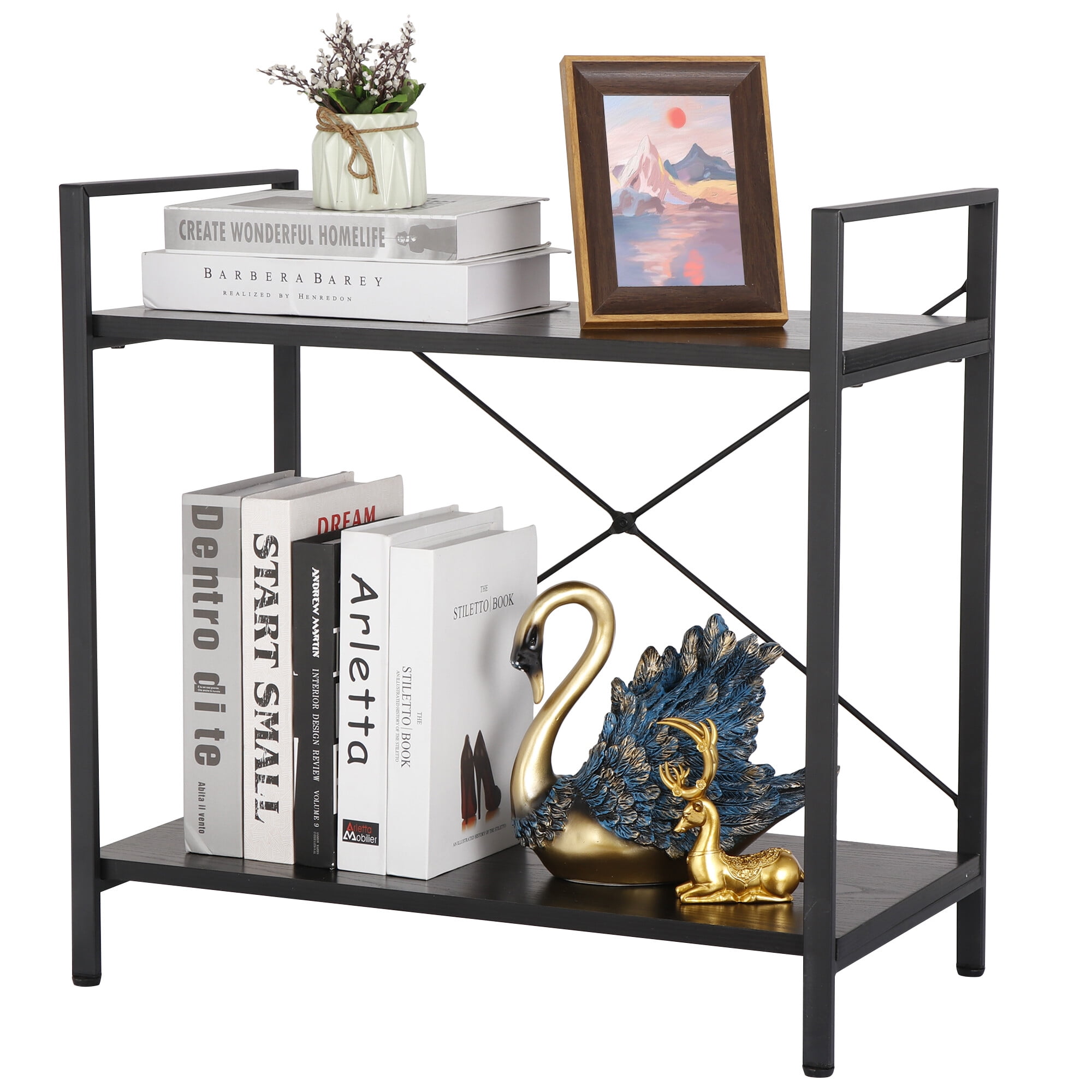 ZenStyle 2-Tier Particle Board Storage Shelves with Metal Frame, 22.44"H x Black, 1-Pack